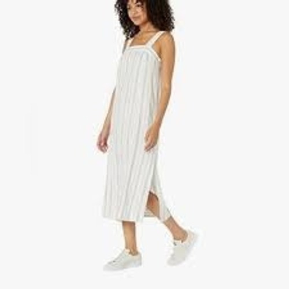 Madewell Striped Linen Blend Button Strap Midi Dress White Blue Tan Large - Picture 3 of 10